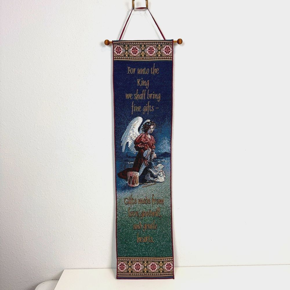 Vintage Angel Biblical Magi Religious Christmas Tapestry Wall Hanging 9x34”
